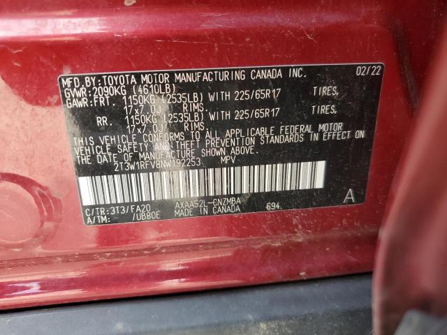 2T3W1RFV8NW192253 - 2022 TOYOTA RAV4 XLE RED photo 12