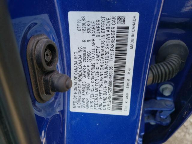 2HGFC2F88KH583105 - 2019 HONDA CIVIC SPORT 蓝色 照片 12