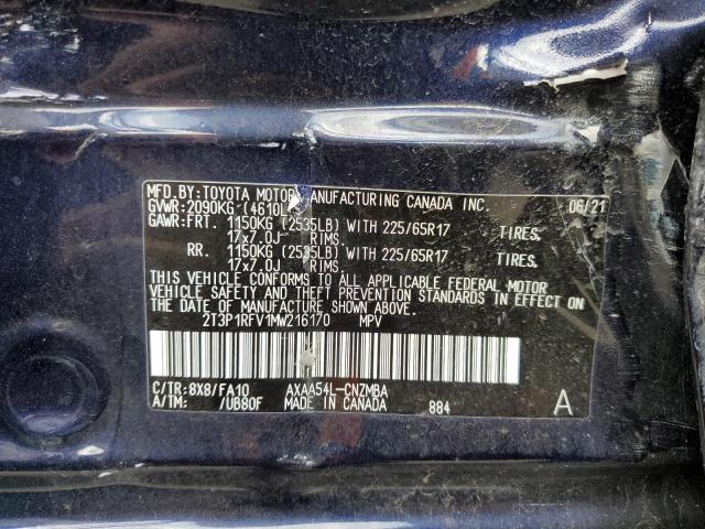 2T3P1RFV1MW216170 - 2021 TOYOTA RAV4 XLE BLUE photo 12