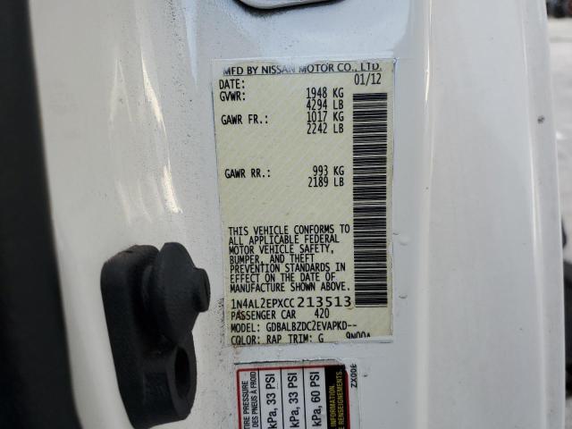 1N4AL2EPXCC213513 - 2012 NISSAN ALTIMA S WHITE photo 12