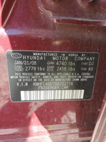 KMHFC46D78A332716 - 2008 HYUNDAI AZERA GLS MAROON photo 12