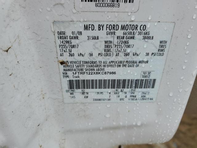 1FTRF122X8KC87986 - 2008 FORD F150 WHITE photo 12