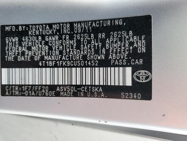 4T1BF1FK9CU501452 - 2012 TOYOTA CAMRY BASE SILVER photo 12