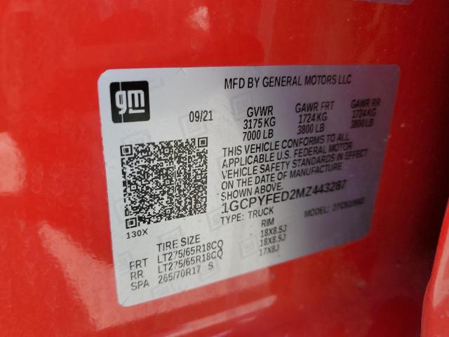 1GCPYFED2MZ443287 - 2021 CHEVROLET SILVERADO K1500 LT TRAIL BOSS RED photo 12