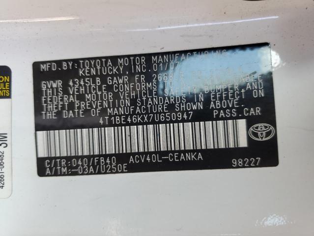 4T1BE46KX7U650947 - 2007 TOYOTA CAMRY CE WHITE photo 12