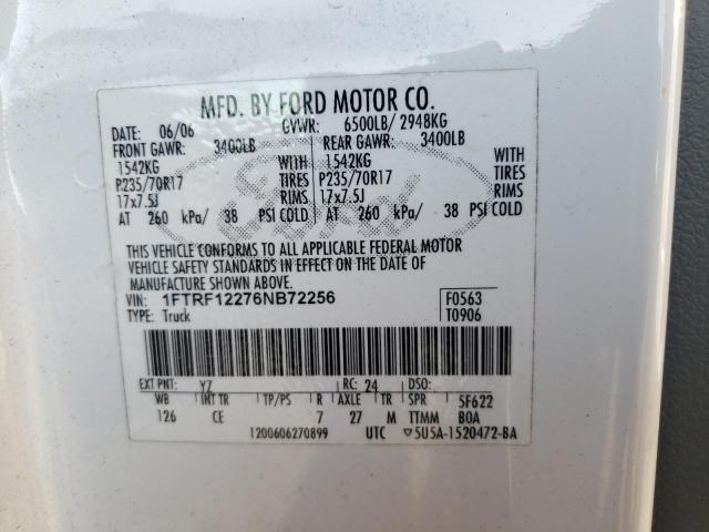 1FTRF12276NB72256 - 2006 FORD F150 WHITE photo 12