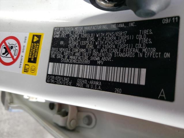 5TDZK3EH6CS055989 - 2012 TOYOTA HIGHLANDER BASE WHITE photo 13