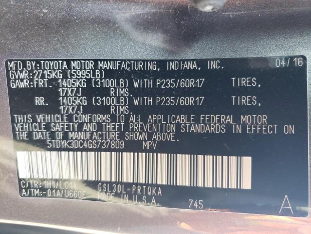 5TDYK3DC4GS737809 - 2016 TOYOTA SIENNA XLE GRAY photo 13