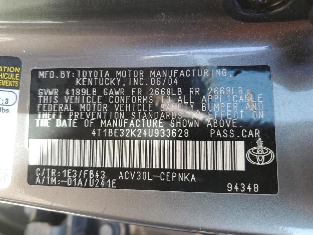 4T1BE32K24U933628 - 2004 TOYOTA CAMRY LE GRAY photo 12