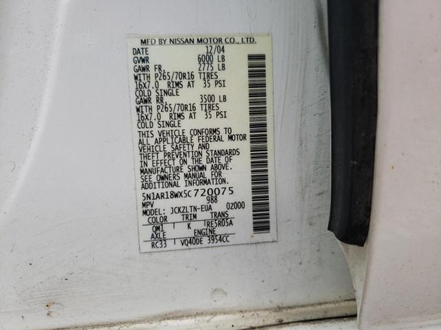 5N1AR18WX5C720075 - 2005 NISSAN PATHFINDER LE 白色 照片 12