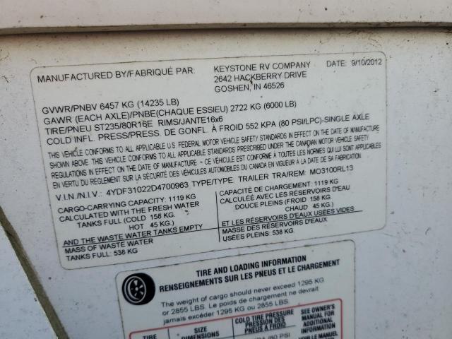 4YDF31022D4700963 - 2013 KEYSTONE MONTANA WHITE photo 10
