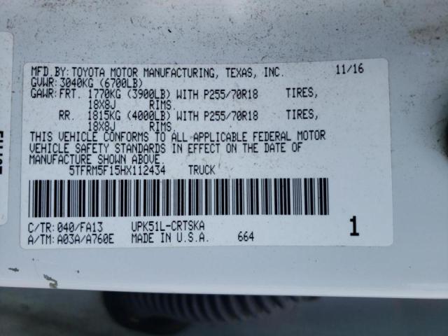 5TFRM5F15HX112434 - 2017 TOYOTA TUNDRA DOUBLE CAB SR/SR5 WHITE photo 10