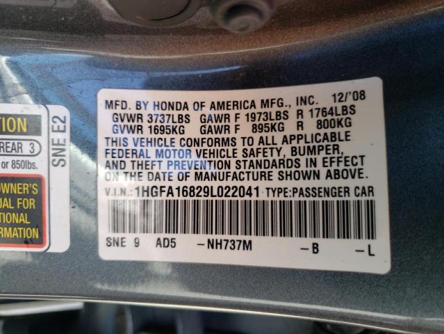 1HGFA16829L022041 - 2009 HONDA CIVIC EX GRAY photo 12