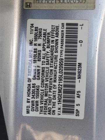 1HGEM22195L020959 - 2005 HONDA CIVIC DX VP SILVER photo 12