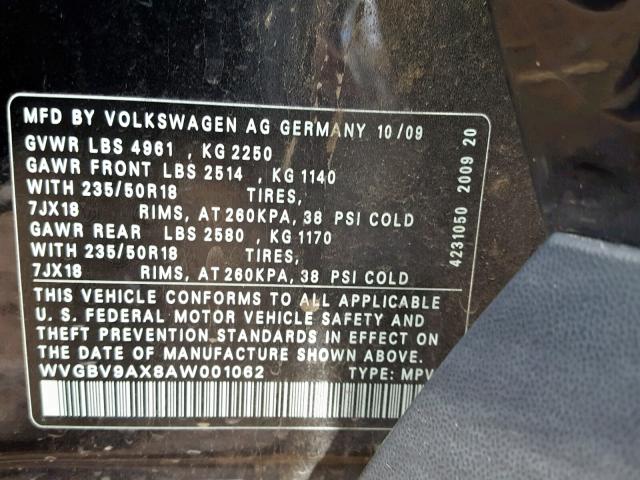 WVGBV9AX8AW001062 - 2010 VOLKSWAGEN TIGUAN SE  photo 10