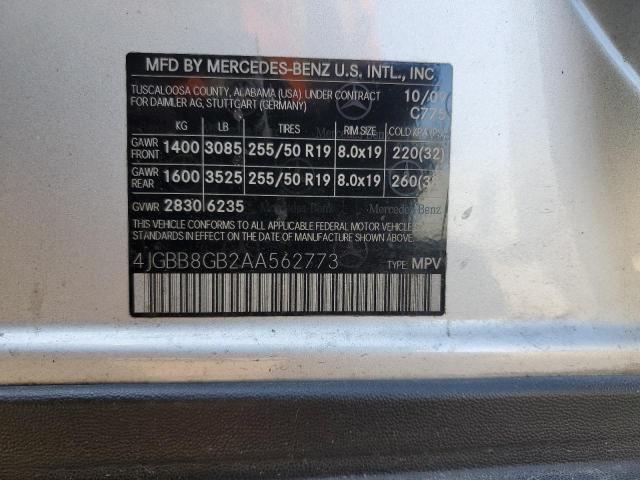 4JGBB8GB2AA562773 - 2010 MERCEDES-BENZ ML 350 4MATIC SILVER photo 12