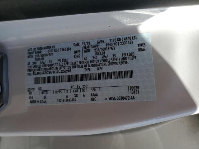 5LMCJ2C97KUL25295 - 2019 LINCOLN MKC SELECT Սպիտակ լուսանկար 13