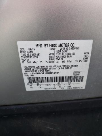 1FM5K8GT1GGB15184 - 2016 FORD EXPLORER SPORT SILVER photo 13