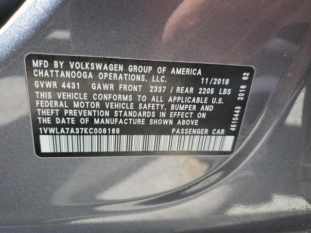 1VWLA7A37KC008168 - 2019 VOLKSWAGEN PASSAT WOLFSBURG GRAY photo 12
