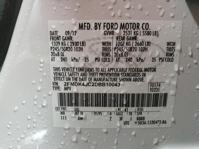 2FMDK4JC2DBB10043 - 2013 FORD EDGE SEL WHITE photo 12