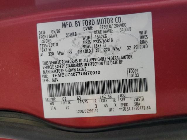 1FMEU74877UB70910 - 2007 FORD EXPLORER EDDIE BAUER RED photo 12