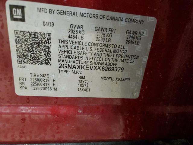 2GNAXKEVXK6269379 - 2019 CHEVROLET EQUINOX LT RED photo 12