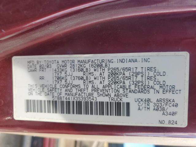 5TBBT441X3S393543 - 2003 TOYOTA TUNDRA ACCESS CAB SR5 RED photo 13