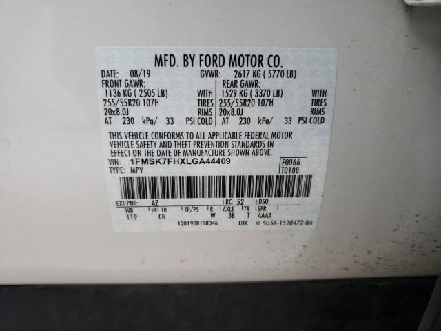 1FMSK7FHXLGA44409 - 2020 FORD EXPLORER LIMITED WHITE photo 13