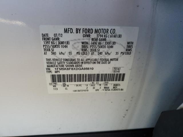 1FM5K8F8XDGA95610 - 2013 FORD EXPLORER LIMITED WHITE photo 13