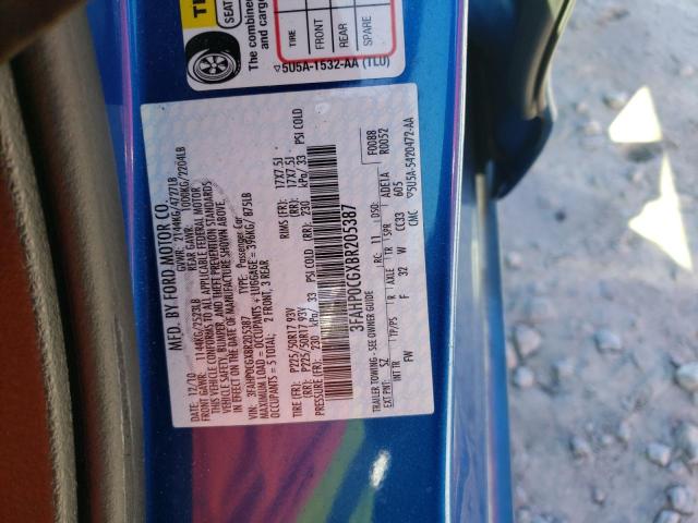 3FAHP0CGXBR205387 - 2011 FORD FUSION SEL BLUE photo 12