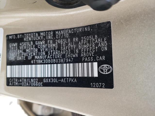 4T1BK3DB0BU387947 - 2011 TOYOTA AVALON BASE GOLD photo 12