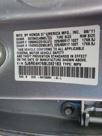 5J6RE4H76BL082183 - 2011 HONDA CR-V EXL SILVER photo 12