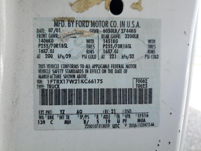 1FTRX17W21KC66175 - 2001 FORD F150 WHITE photo 12