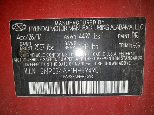 5NPE24AF1HH594901 - 2017 HYUNDAI SONATA SE RED photo 12