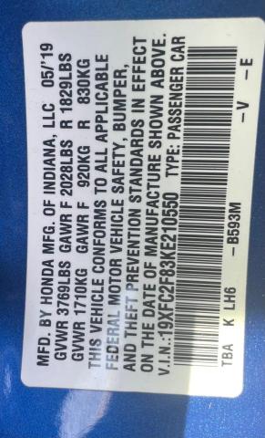 19XFC2F83KE210550 - 2019 HONDA CIVIC SPORT 蓝色 照片 10