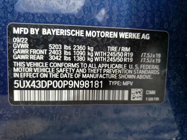 5UX43DP00P9N98181 - 2023 BMW X3 SDRIVE30I BLUE photo 13