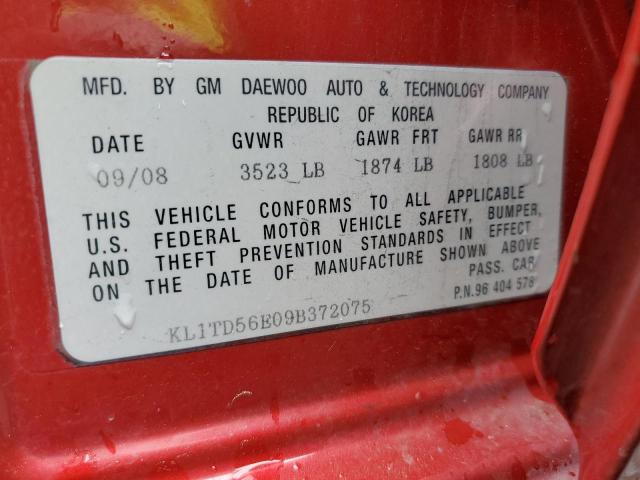 KL1TD56E09B372075 - 2009 CHEVROLET AVEO LS 红色 照片 12