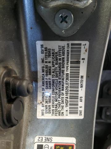 1HGFA16526L073699 - 2006 HONDA CIVIC LX GRAY photo 12