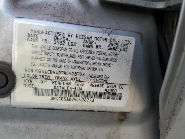 3N1CB51D74L478773 - 2004 NISSAN SENTRA 1.8 SILVER photo 13