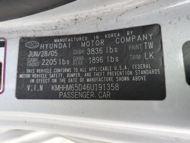 KMHHM65D46U191358 - 2006 HYUNDAI TIBURON GS SILVER photo 12