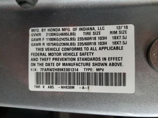 7FARW2H89KE001314 - 2019 HONDA CR-V EXL SILVER photo 13