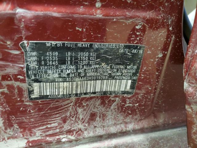 4S3BNAA63H3019283 - 2017 SUBARU LEGACY 2.5I BURGUNDY photo 12