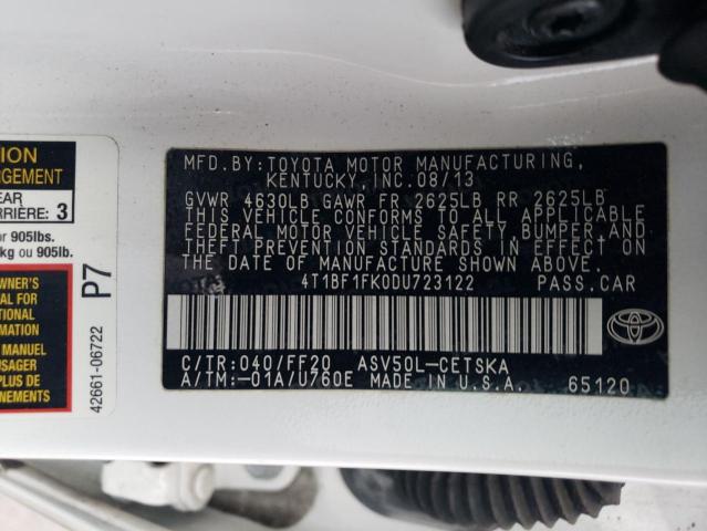 4T1BF1FK0DU723122 - 2013 TOYOTA CAMRY L WHITE photo 12