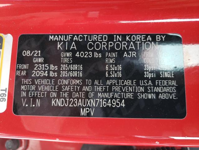 KNDJ23AUXN7164954 - 2022 KIA SOUL LX RED photo 14