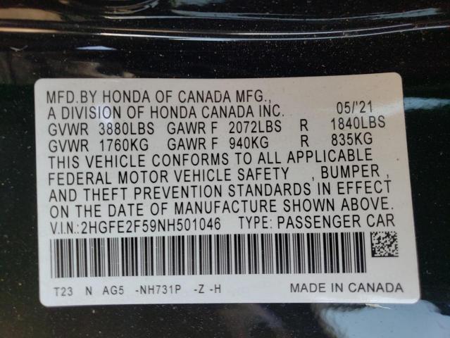 2HGFE2F59NH501046 - 2022 HONDA CIVIC SPORT BLACK photo 12