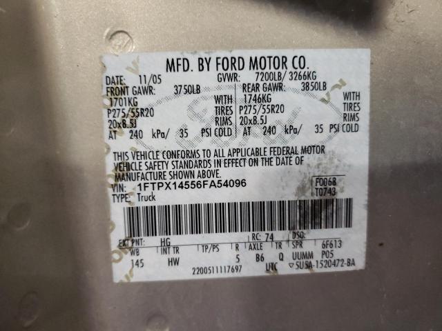 1FTPX14556FA54096 - 2006 FORD F150 GOLD photo 12