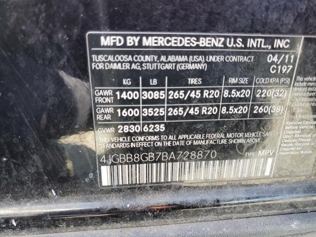 4JGBB8GB7BA728870 - 2011 MERCEDES-BENZ ML 350 4MATIC BLACK photo 12