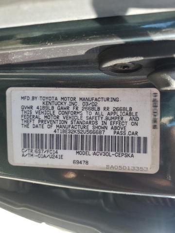 4T1BE32K52U566687 - 2002 TOYOTA CAMRY LE GREEN photo 12