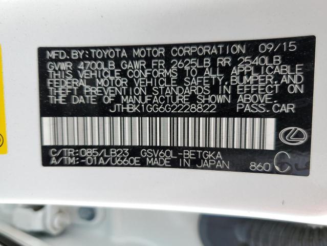 JTHBK1GG6G2228822 - 2016 LEXUS ES 350 WHITE photo 12