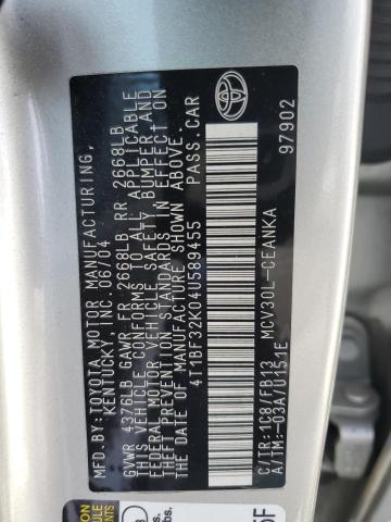 4T1BF32K04U589455 - 2004 TOYOTA CAMRY LE SILVER photo 12